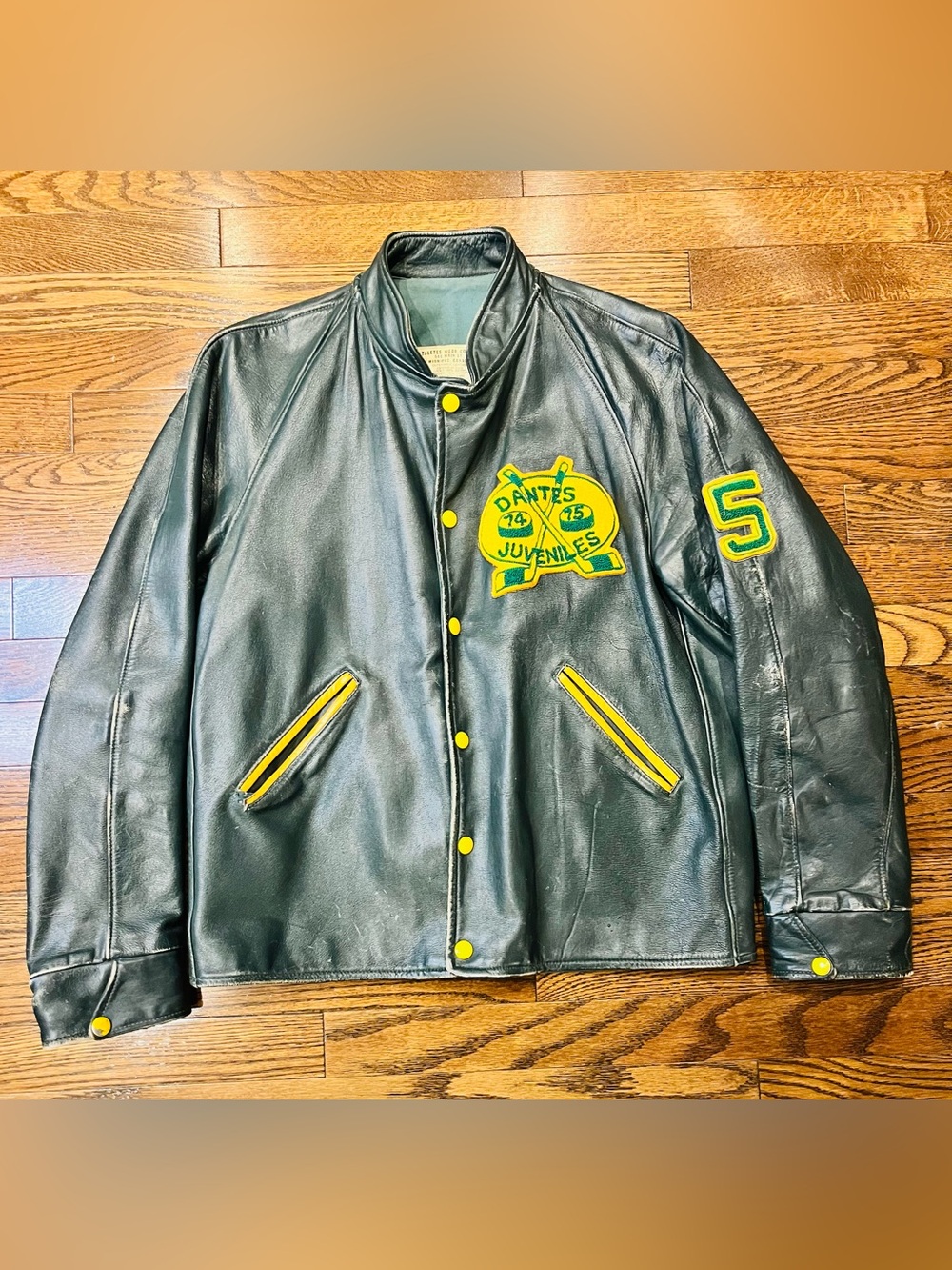 Vintage 1974–75 Dante’s Juveniles Leather Hockey Jacket #5 – Made in Canada